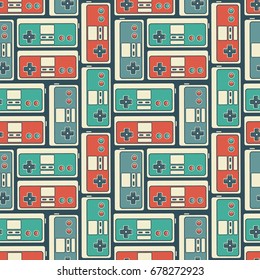 Seamless pattern with game joystick. Colorful illustration vector. Decorative wallpaper, good for printing. Overlapping backdrop with personal retro device for gaming