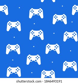 Seamless pattern of the game joystick in a flat style on a blue background.