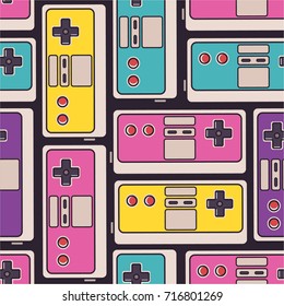 Seamless pattern with game joysticks. Colorful illustration vector. Decorative wallpaper, good for printing. Overlapping backdrop with personal retro device for gaming