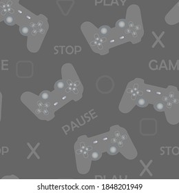 Seamless pattern with game joysticks, icons and text on gray background.