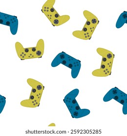 Seamless pattern with game joysticks for video game consoles or pc. Texture with wireless gadget for videogames. Colorful gamepads isolated on white background, wallpaper template. vector illustration