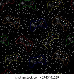 Seamless pattern with game stick multicolored contour on  black background and brush effect.