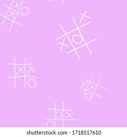 Seamless pattern of game Tic Tac Toe. Hand drawn white contour on pink background. Vector illustration for design of school supplies and stationery.