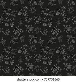 Seamless pattern of game Tic Tac Toe. Drawing of  white contour on  black background. Vector illustration for design of school supplies and stationery.


