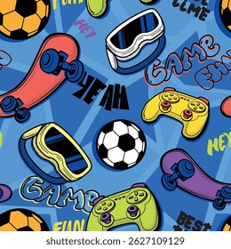 Gamepad padrão contínuo, óculos de realidade virtual, skate, bola de futebol de futebol, fundo geométrico. Lettering rua arte ornamento com joystick, skate. Jogos, estilo esporte. equipamentos de atividade.