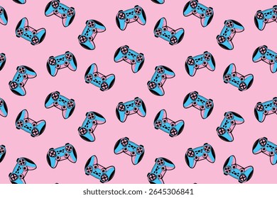 Seamless pattern with gamepads blue and pink colors. Gaming print vector design for kid textile, girl clothes, wrapping paper. Gamepads ornament