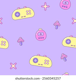 Seamless pattern with gamepads and fly agaric mushrooms. Multicolored elements on purple background. Retro illustration with outline in 90s style. Vector illustration.