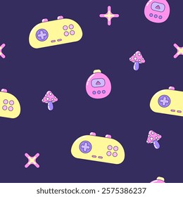 Seamless pattern with gamepads and fly agaric mushrooms. Multicolored elements on dark background. Retro illustration with outline in 90s style. Vector illustration.