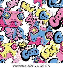 Seamless pattern with gamepads and Graffiti words Best, good, cool, go. Repeat lettering ornament. Gaming print with gamepad pink, blue, yellow colors.