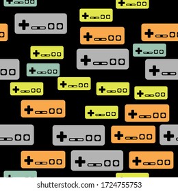 Seamless pattern with gamepads for retro video game console on black background.
Can be used for printing on t-shirts, fabric, textiles, game room decorations and more. Vector image. EPS.