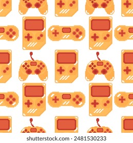 seamless pattern of gaming equipment with a pixel theme on a white background