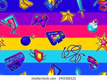 Seamless pattern with gaming items. Cyber sports, computer games, fun recreation.