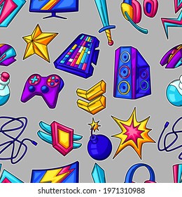 Seamless pattern with gaming items. Cyber sports, computer games, fun recreation.