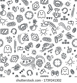 Seamless pattern of gaming objects. Virtual reality, computers, game genres and related stuff. Vector illustration in doodle style