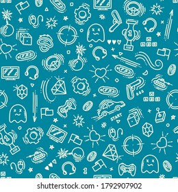 Seamless pattern of gaming objects. Virtual reality, computers, game genres and related stuff. Vector illustration in doodle style