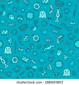 Seamless pattern of gaming objects. Virtual reality, computers, game genres and related stuff. Vector illustration in doodle style. Vector illustration in doodle style
