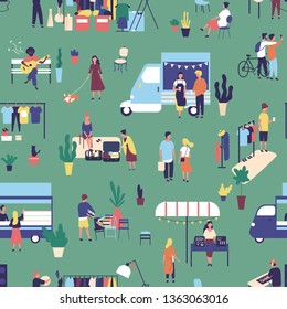 Seamless Pattern With Garage Sale, Outdoor Festival, Summer Fair. Backdrop With Food Trucks, People Walking, Buying And Selling Goods In Park. Flat Cartoon Vector Illustration For Wrapping Paper.