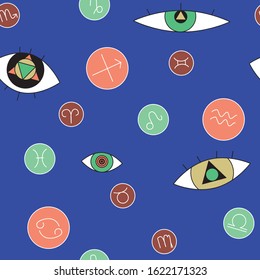 A seamless pattern with garascope and evil eye as backdrop or wallpaper for design and print. A vector stock zodiac signs as a symbol of occultism, mysticism and fortune telling.