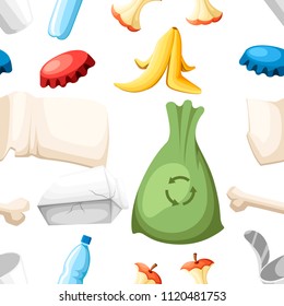 Seamless pattern. Garbage collection icon. Trash set. Plastic, organic and metal waste. Colorful vector illustration on white background.