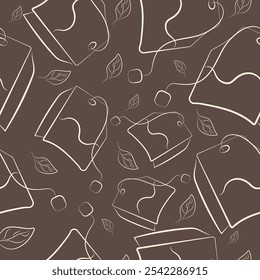 seamless pattern of garbage, namely a used tea bag drawn with a black outline on a brown background, to fight against environmental pollution day