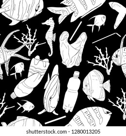 Seamless pattern with garbage in the ocean. Stop plastic pollution on sea, vector illustration.The concept of ecology and the World Cleanup Day. The refusal of disposable plastic drinking straws. 