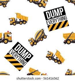 Seamless pattern with garbage truck, concrete truck mixer, dumper truck, dump everything label. Inspired by road, building machinery. Vector background for decoration children's room, invitations