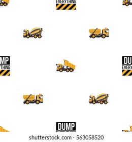 Seamless pattern with garbage truck, concrete hauler, dumper truck, dump everything inscription. Inspired by road, building machinery. Vector background for decoration children's room, invitations.
