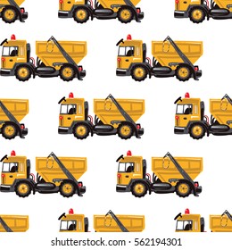 Seamless pattern with garbage truck. Inspired by road, building machinery. Vector background for decoration children's room, invitations, website, mobile app.