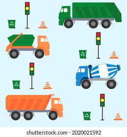 Seamless pattern with garbage truck, skip loader truck, concrete mixer truck, lorry truck, traffic light, trash can. Vector illustration.