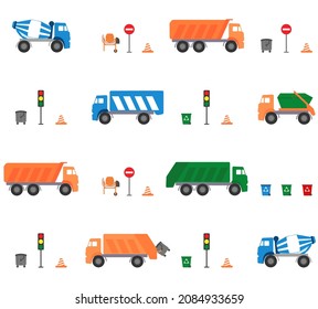 Seamless pattern with garbage truck, skip loader truck, concrete mixer truck, lorry truck, traffic light, trash can. Vector illustration.