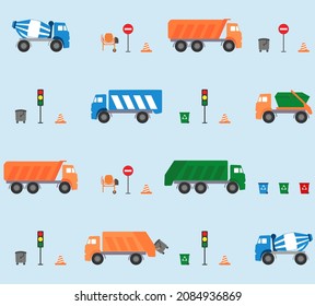  Seamless pattern with garbage truck, skip loader truck, concrete mixer truck, lorry truck, traffic light, trash can. Vector illustration.