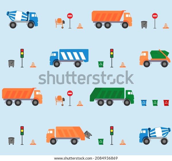  Seamless pattern with garbage truck, skip\
loader truck, concrete mixer truck, lorry truck, traffic light,\
trash can. Vector\
illustration.