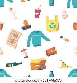 Seamless Pattern With Garbage. Unconventional Design Showcasing Discarded Items Paper, Organic, Plastic Trash
