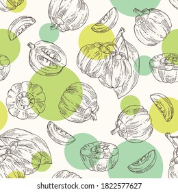 Patrón sin foco con garcinia cambogia: frutos de garcinia y hojas. Súper comida. Dibujo manual del vector 