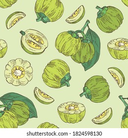 Seamless pattern with garcinia cambogia: garcinia fruts and leaves. Super food. Vector hand drawn 