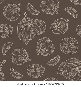 Seamless pattern with garcinia cambogia: garcinia fruts and leaves. Super food. Vector hand drawn illustration.