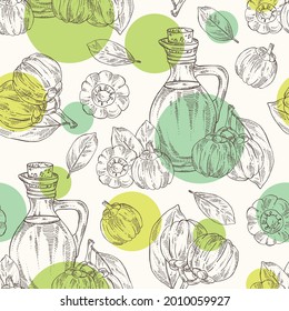 Seamless pattern with garcinia cambogia,  fruts, leaves and bottle of garcinia oil. Vector hand drawn illustration