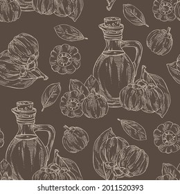Seamless pattern with garcinia cambogia,  fruts, leaves and bottle of garcinia oil. Vector hand drawn illustration