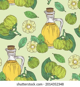 Seamless pattern with garcinia cambogia,  fruts, leaves and bottle of garcinia oil. Vector hand drawn illustration