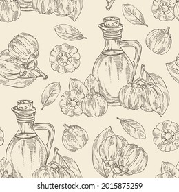 Seamless pattern with garcinia cambogia,  fruts, leaves and bottle of garcinia oil. Vector hand drawn illustration