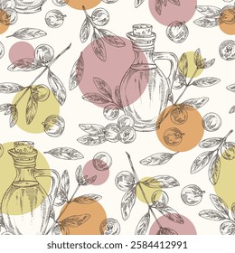 Seamless pattern with garcinia indica: garcinia indica plant, leaves, garcinia indica fruits and bottle of garcinia indica oil. Vrikshamla. Vector hand drawn illustration.