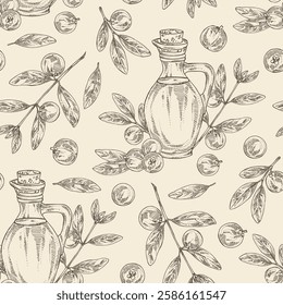 Seamless pattern with garcinia indica: garcinia indica plant, leaves, garcinia indica fruits and bottle of garcinia indica oil. Vrikshamla. Vector hand drawn illustration.