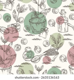 Padrão sem emenda com garcinia indica: garcinia indica planta, folhas e garcinia indica frutos. Vrikshamla. Óleo, sabão e sal de banho . Cosméticos e planta médica. Ilustração desenhada à mão vetorial