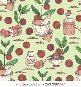 Seamless pattern with garcinia indica: garcinia indica plant, leaves and garcinia indica fruits. Vrikshamla. Oil, soap and bath salt . Cosmetics and medical plant. Vector hand drawn illustration