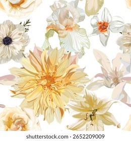 Padrão Perfeito. Flores beges de jardim. Lírio mágico, dália, flores de íris. Imagem vetorial realista. Imprimir para todos os tipos de superfícies. Impressão na moda.