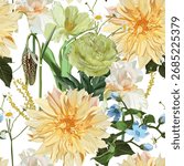 Seamless Pattern. Garden beige and yellow flowers. Magical tulips, dahlia, iris flowers. Realistic vector image. Print for all types of surfaces. Trendy print.