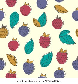 Seamless pattern of garden berries. Abstract berries and leaves on a color background
