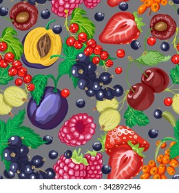 Seamless pattern with garden berries on a gray background. Vector  illustration for your design