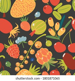 Seamless pattern with garden berries with warm colors on the contrasting background. 