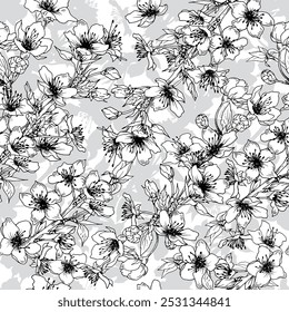 Seamless pattern with garden cherry tree branches. Spring background with black and white flowers. Hand drawn illustration.